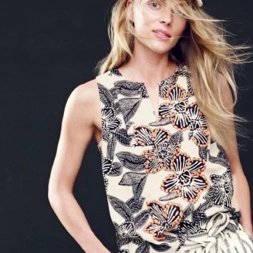 J.Crew Cream‎ Notched Shell Embellished Polynesian Floral Sleeveless Top Women 0